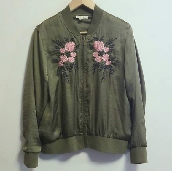Bomber Jacket By Miami, embroidered floral olive green jacket. - Picture 1 of 5